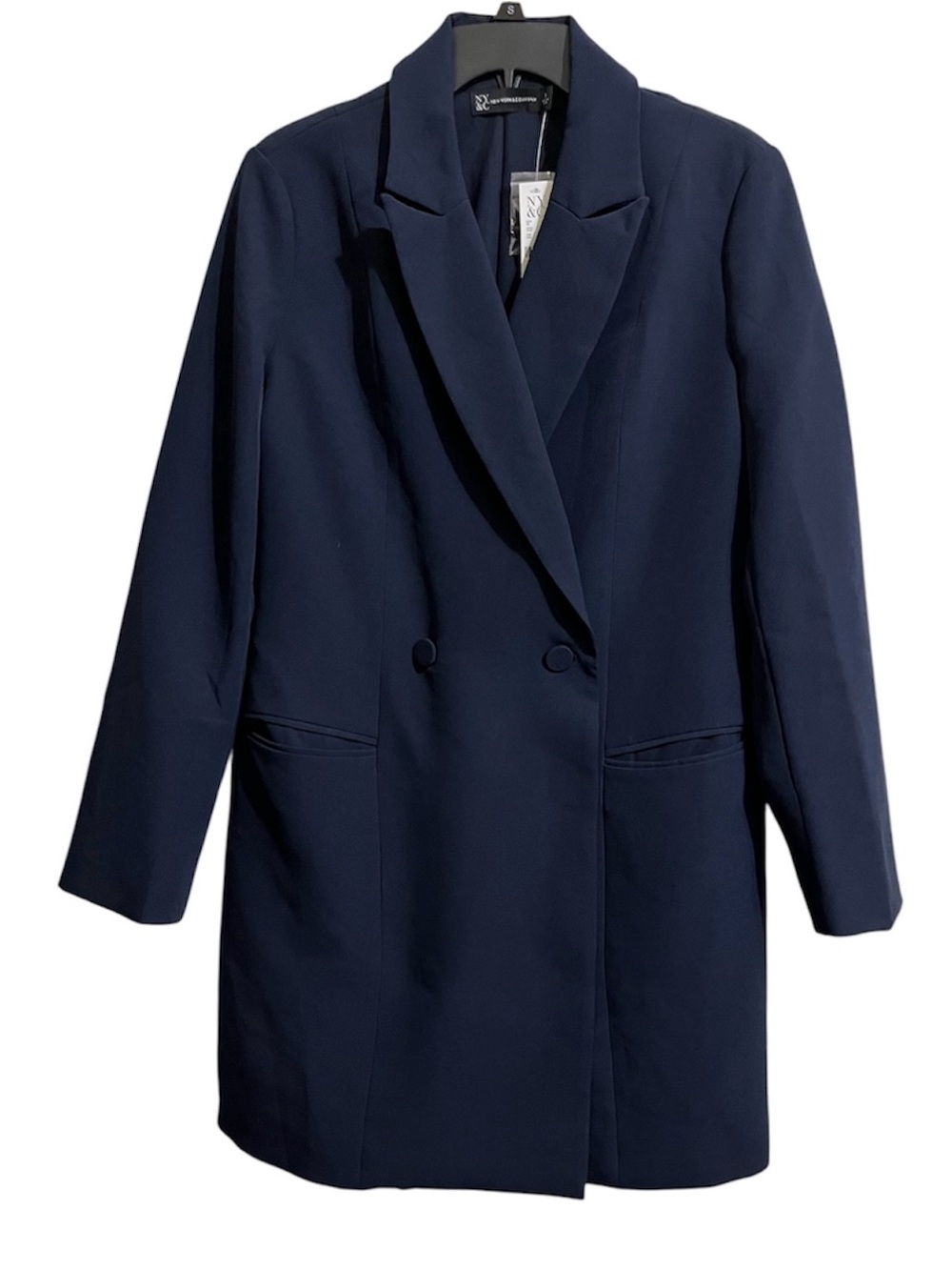 NWT New York & Company Navy Double Breasted Long Blazer Jacket Size Small